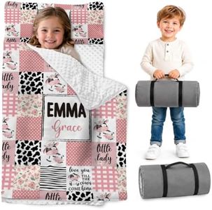 Personalized Toddler Nap Mat with Pillow & Blanket, Cow Plaid Nap Mats for Preschool Daycare, Custom Name Thickened Sleeping Bag for Kids, Pink Rollup Sleeping Mat for Girls Gifts Color07