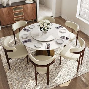 POVISON Modern Dining Table Set for 6, Cotton Linen Dining Chairs Set of 6 with Glossy White Sintered Stone Dining Table with Lazy Susan (59" Dining Table + 6 Chairs)
