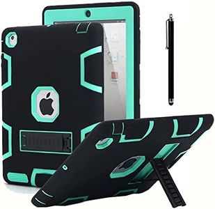 AICase Kickstand Funda iPad 2 iPad 3,iPad 4 Resistente a los Golpes de Alto Impacto, Caucho Resistente, Funda Protectora de Armadura híbrida Robusta de Tres Capas con lápiz óptico (Negro+Azul Menta)