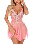 RSLOVE Women Lingerie Babydoll Sexy Mesh Chemise Lace Sleepwear Nightwear Pink Medium