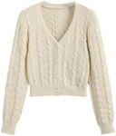 CIDER Cardigan Sweater for Women Button Down V Neck Long Sleeve Cable Knit Open Front Crop Top Outerwear: White, L