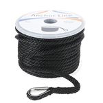 NovelBee Solid Braid MFP Anchor Line with Thimble 3/8" x 150' Anchor Rope Marine Boat Rope, Black