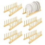 KEJJNYER 6 Pack Bamboo Dish Drying Rack, 8 Slots Wooden Plate Rack Holder, Bamboo Dish Racks Organizer for Plate, Wood Plate Stand for Kitchen