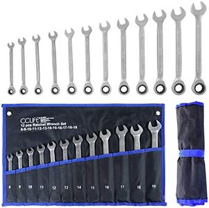 CCLIFE Juego de Llaves Fijas con Carraca combinadas de trinquete, 12 piezas 8-19 mm Cr-V 72 dientes