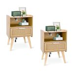 YAUKOMEL Nightstand with Charging Station, Side Table with Drawers, Rattan Furniture, Bed Sdie Table, End Table, Rattan Nightstand Set of 2 with Boho Desk for Living Room, Natural 2CAACTG58YE