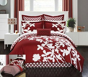 Chic Home 7 Piece Iris Reversible Large Scale Floral Design Printed with Diamond Pattern Reverse Comforter Set, Queen, Red