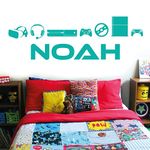 Personalised Name Boys Bedroom Wall Art Sticker - Gamers, Gaming, Game Consoles [Turquoise]