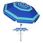 AMMSUN 7ft Heavy Duty High Wind Beach Umbrella with sand anchor，Integrated umbrella table & Tilt Sun Shelter, UV 50+ Protection Outdoor Umbrella with Carry Bag for Patio Garden Beach Pool Backyard Stripe Blue