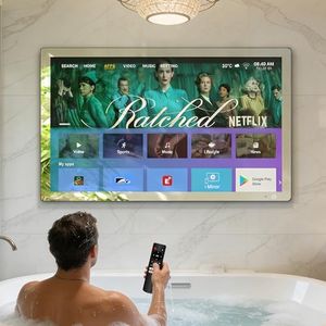 Haocrown 32" 4K Ultra HD Smart Bathroom Mirror TV, IP66 Waterproof, Android 13 OS Built-in Voice Assistant (Remote with Mic), ATSC Tuner, 500 cd/㎡ High Brightness (Sliver Frame, 2025 Model)