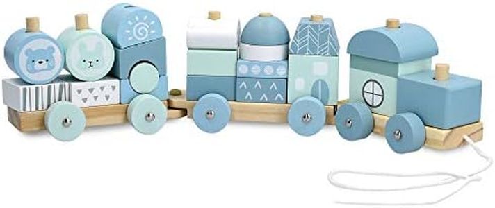 Navaris Tren de Madera para niños - Tranvía para bebé con Cordel de Arrastre 3 Bloques y 20 Piezas para Jugar - Ferrocarril de Juguete con Ruedas