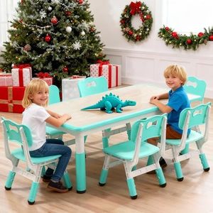 Garvee Kids Table and 6 Chair Set,47 Inches Modern Height Adjustable Toddler Table and 6 Chairs Set with Non-Slip Desk Legs&Organizer Graffiti Desktop,Preschool Activity Art Craft Tables for 6(Teal