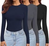 Ekouaer Womens 3 Pack Long Sleeve Tops Crew Neck Shirts Thermal Tops Set Stretch Fitted Underscrubs Layer Tee Black + Dark Grey + Navy Blue L