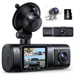 LAMTTO 3 Channel Dash Cam Front and Rear Inside Camera, 1080P Car Dash Camera for Cars with IR Night Vision WDR, 1.5 inch Dashcam with Built in Battery for Uber Driver Trucks Vehicle, 64GB SD Card