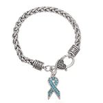 Turquoise Crystal Stone Cancer Awareness Ribbon Charm Lobster Clasp Bracelet for Women, Turquoise, Medium