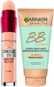 Garnier Skinactive BB Cream Moisturizing Perfecting Face Cream All in 1 SPF25 Medium-Dark Shade + Erase Age Multipurpose Liquid Concealer Color 07 Sand with Sponge Applicator