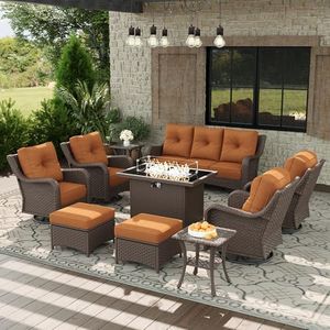 Aeeiua 10 Piece Patio Furniture Set with Fire Pit Table, All-Weather Wicker Outdoor Conversation Set with Swivel Rocking Chair and 6 Inch Thick Cushions