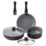 Flamingpan 5 Pcs Pots and Pans Set with Removable Handle, Nonstick Cookware Set with Removable Handle, Pans with Removable Handles, Dishwasher & Oven Safe, Suitable for All Stovetops (Black)