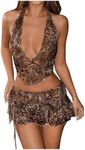 SHENHE Women's Sexy Y2k 2 Piece Outfits Leopard Halter Crop Top Layered Ruffle Mini Skirt Set Brown Large