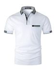 LIUPMWE Men's Short Sleeve Polo Shirts with Pocket Contrasting Colors Golf T-Shirt Tops,White-24,L