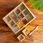 ExclusiveLane 'Tree Of Life' Wooden Masala Box For Kitchen Spice Box With Spoon (Teak Wood, 12 Containers, 55 Ml) | Handcrafted Teak Wood Masala Dani Spice Containers - Brown