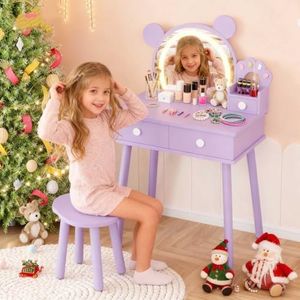 Garvee Kids Vanity Set with Lights,Bear-Shaped Make Up Vanity Desk with Mirror&Stool,Wooden Princess Toddler Make Up Table Set for Bedroom,Pretend Play Vanity Sets for Little Girls(Purple)