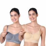 motherly Maternity Bra Padded Breastfeeding Nursing Bras for Women with Removable Pads (Large, Grey + Skin)