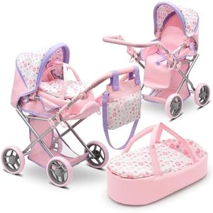 Baby Doll Convertible Pram Stroller with Removable Travel Bassinet Carrier for Kids Adjustable Handle Buggy Carriage with Canopy and Storage Basket 25 Inch Purple