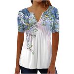 AMhomely Shirts Blouse Elegant Vinatge Button White Blouse Floral Print Tunic Tops Short Sleeve V Neck Teen Lightweight Breathable Sportawear Activewear Undershirts, Light Blue 6, XXL