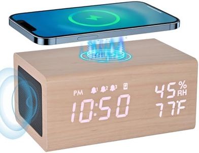 Wooden Digital Alarm Clocks,10W Wireless Charging with 3 Alarms, Dual 5W Stereo Bluetooth Speaker and Light Up with Sound, Adjustable Brightness Date Display Clock for Bedroom, Heavy Sleepers Adults