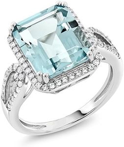 Gem Stone King 925 Sterling Silver Simulated Aquamarine Ring For Women (5.00 Cttw, Emerald Cut 12X10MM, Available In Size 5,6,7,8,9), metal,gemstone, simulated aquamarine