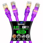 Maximm Cat7 Ethernet Cable 3 Feet - Purple - Pack of 2 - RJ45 Gold-plated Connectors for Fast Speed & Performance. 550 MHz, 10 Gigabits per Second. For Computers to Network Components