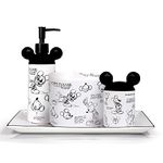 Disney 4 Piece Bathroom Set Accessories | Disney Mickey Mouse Home Decorations | Cute Ceramic Housewarming Gifts | Lotion Pump | Tray | Toothbrush Holder | Cotton Ball Holder Jar (White)