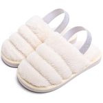 Kids Fluffy Fuzzy Slippers Close Toe House Home Slippers for Boys and Girls Faux Fur Slides with Back Strap Little Kids Slip-on Shoes (7.5-8, White, numeric_7_point_5)