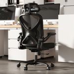 Keratee Ergonomic Office Chair with Adjustable Lumbar Support and Headrest, Mesh Home Office Desk Chair with Flip-up Arms and Wheels, Black