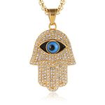 HZMAN 18K Gold Plated Iced Out CZ Stainless Steel Blue Evil Eye Beads Fatima Hamsa Hand Pendant Necklace for Men Women (Gold)