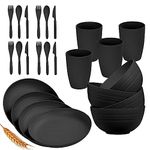 24pc Wheat Straw Dinnerware Sets for 4 Lightweight & Unbreakable Dishes Microwave & Dishwasher Safe Perfect for Camping, Picnic, RV, Dorm Plates, Cups and Bowls (Black, 24pc Set)