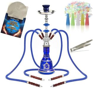 Hookah Set 4 Hose Shisha Complete Set, Portable Glass Vase Hookahs Shisha Set, Include 100 Disposable Tips, 50 Pre-Punched Aluminum Foil,Blue