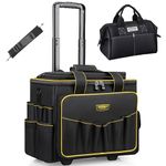 WINNHUNT 46cm Wide Mouth Rolling Tool Bag, 32 Pocket Tool Trolley Bag with Telescopic Handle and 2 Wheels, Black