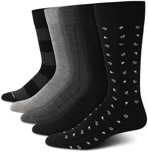 Tommy Hilfiger Men's Dress Socks - 5 Pack Lightweight Patterned Comfort Crew Socks for Men - Mens Long Work Socks (Size 7-12), Size 7-12, Black Grey Assorted