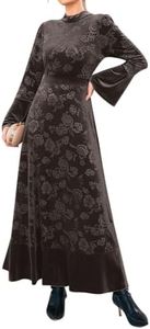 IDOPIP Women Long Bell Sleeve Floral Velvet Maxi Dress Fall Mock Neck Wedding Guest Dress Elegant Evening Cocktail Prom Gown, Floral, Small