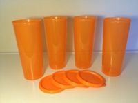 NEW TUPPERWARE TUMBLERS 16 OZ CLASSIC STRAIGHT SIDES ORANGE WITH SEALS SET OF 4