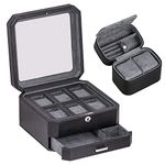 ROTHWELL Gift Set 6 Slot Leather Watch Box and 2 Watch Travel Case - Luxury Watch Case Organizer, Storage Boxes Holder Glass Top (Black/Grey Gift Set)