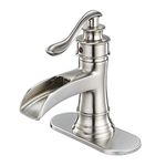 BWE Bathroom Faucet Brushed Nickel Waterfall Single Handle Hole Sink Faucets Bath Vanity Lavatory Vessel Commercial Satin with Water Supply Hose