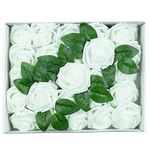 PetalPunch Fake Roses Artificial Flowers - Pack of 25 Artificial Roses with stem and 8 Leaves, Foam Latex Rose Fake Flowers for Wedding Bouquets & Table Centerpieces (White Roses)