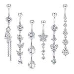 YOVORO 3-6PCS 14G 316L Stainless Steel Belly Button Rings for Women Navel Rings Barbell Dangle Flower CZ Body Piercing, Medium, Stainless Steel, cubic zirconia