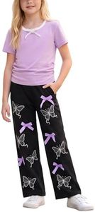 ODIZLI Girls 2 Piece Short Sleeve Top Butterfly Bow Pants 7-16Y purple 15-16Y