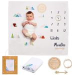 Baby Milestone Blanket | Cotton Muslin Swaddle Blanket | Monthly Photo Mat for Newborn Boy or Girl, Unisex | Mountains | Personalised Baby Shower Present for New Mums | Age Mat | Includes Wooden Frame