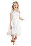 Bow Dream Flower Girl's Dress Vintage Cute Round Neck Lace Ivory 12