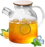 TIENER Borosilicate Glass 1.8 LTR Water Jug with Handle, Juice Beverage Carafe with Bamboo Lid, Big Glass Iced Tea Pitcher, 1 Pcs Set (BOROSILICATE 1.8 LITER KETTLE)