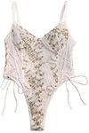 Lilosy Women Sexy Lace Up Floral Embroidered Teddy Lingerie Bodysuit Top Mesh Sheer One Piece, Butterfly Butterfly White, Small